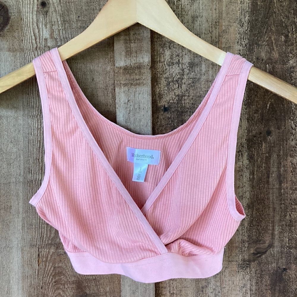 Motherhood Maternity V-neck Ribbed Knit Pull-over Crossover Pregnancy Bra- pink